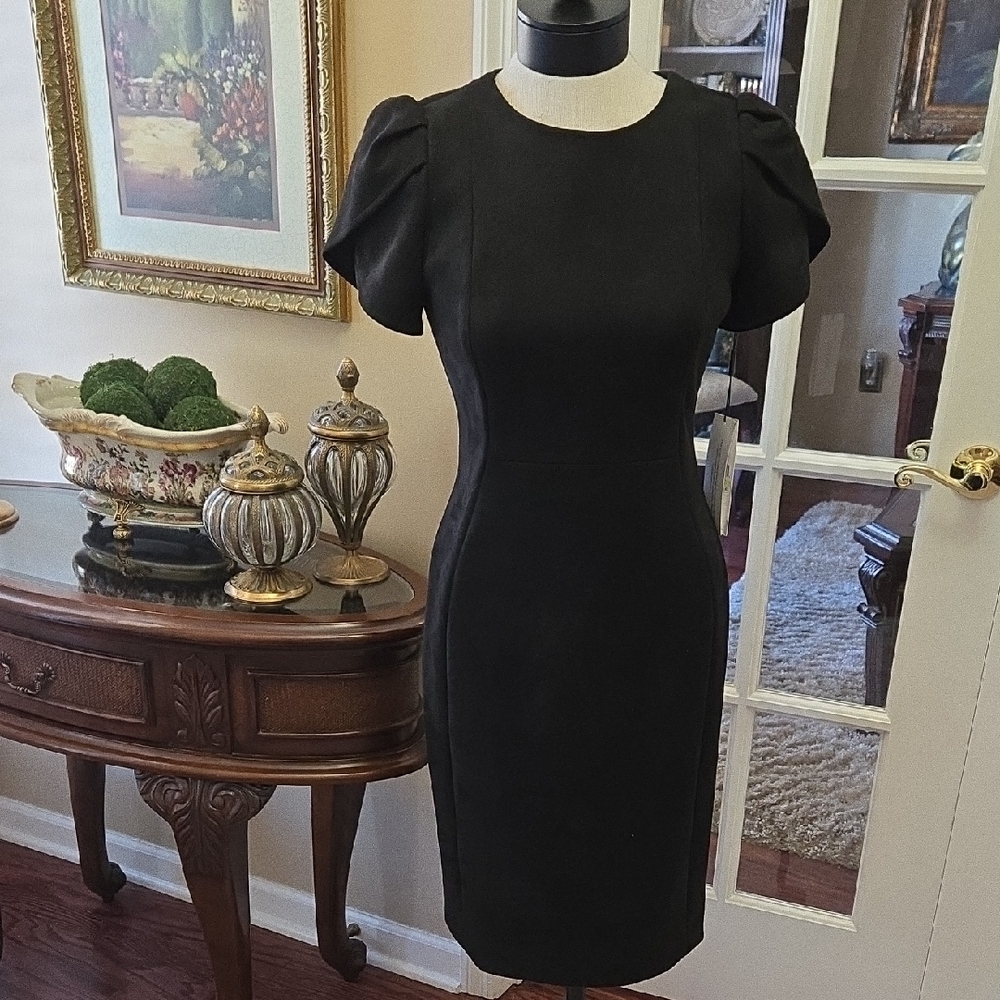 Calvin Klein Black Dress Short Puff Sleeve Exposed Gold Zipper Fitted Size 4 NEW